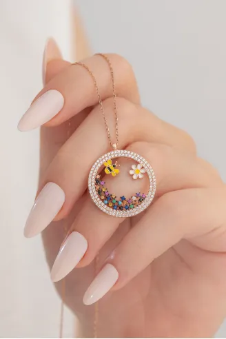 Kadın Gümüş Kolye - Arı Ve Papatya Figürlü Rose Renk Zirkon Taşlı Yuvarlak Model Gümüş Kolye