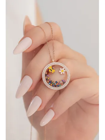 Kadın Gümüş Kolye - Arı Ve Papatya Figürlü Rose Renk Zirkon Taşlı Yuvarlak Model Gümüş Kolye