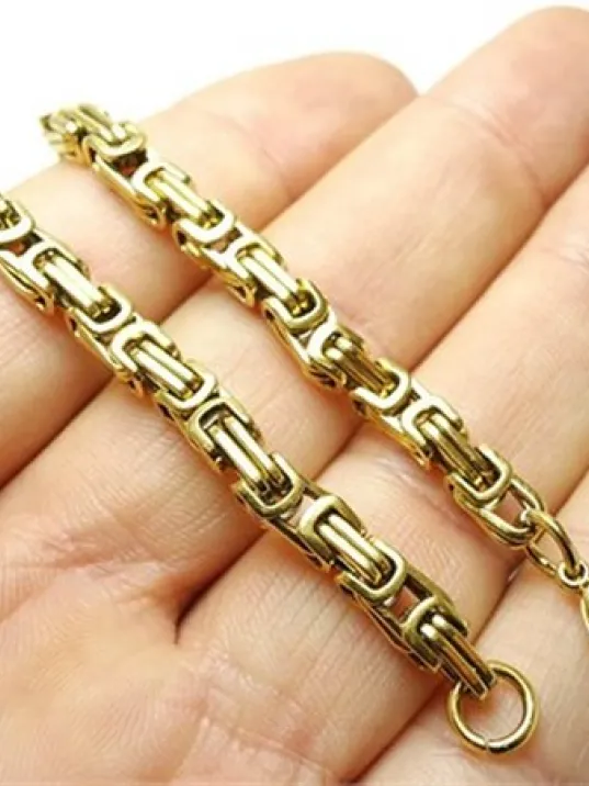 Altın Kaplama Kral Erkek Çelik Zincir Kolye Ve Bileklik Set Orta Kalınlıkta