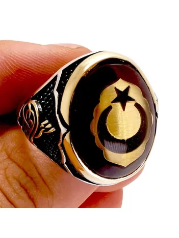 Ay Yıldız ve Tuğra İşlemeli Sıkma Tehribar Taşlı Gümüş Erkek Yüzük