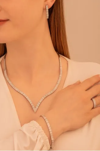 Kadın Gümüş Takı Düğün Seti - Paris Su Yolu 925 Ayar Kolye Bileklik Yüzük Küpe Tam Set