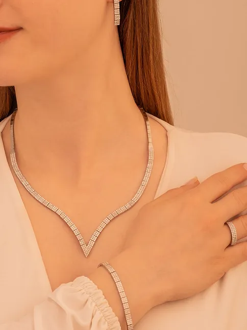 Kadın Gümüş Takı Düğün Seti - Paris Su Yolu 925 Ayar Kolye Bileklik Yüzük Küpe Tam Set