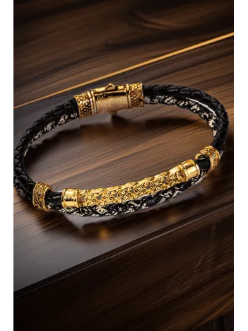 Altın İşlemeli Çift Örgü Siyah Deri Erkek Bileklik