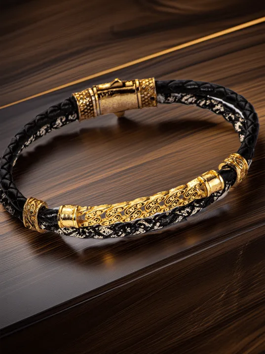 Altın İşlemeli Çift Örgü Siyah Deri Erkek Bileklik Altın İşlemeli Çift Örgü Siyah Deri Erkek Bileklik