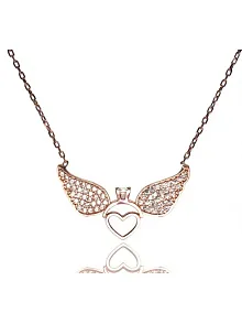 Tektaşlı Kanatlı Kalpli Bayan Gümüş Kolye Rose Model