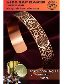 Kadın Bakır Bileklik - Lotus ve Yaşam Çiçeği İşlemeli Kadın Bakır Bilezik Metal Kutu ve Kuvars Taşı