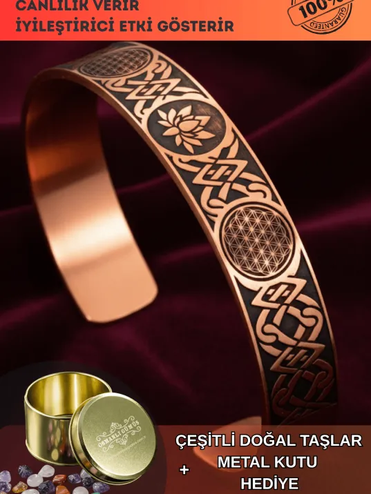 Kadın Bakır Bileklik - Lotus ve Yaşam Çiçeği İşlemeli Kadın Bakır Bilezik Metal Kutu ve Kuvars Taşı Kadın Bakır Bileklik - Lotus ve Yaşam Çiçeği İşlemeli Kadın Bakır Bilezik Metal Kutu ve Kuvars Taşı