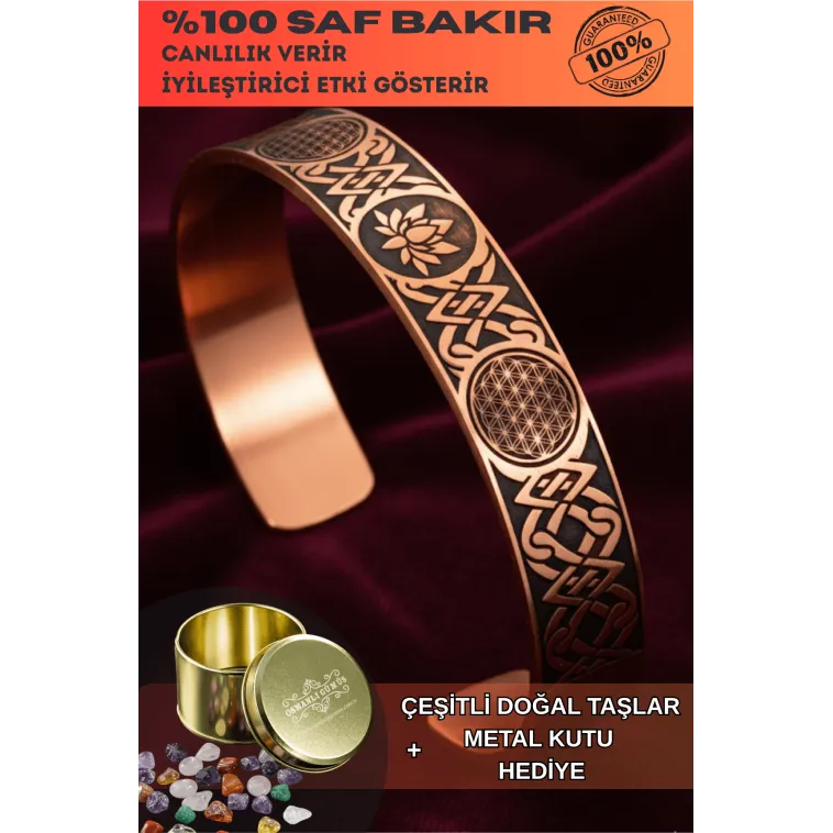Kadın Bakır Bileklik - Lotus ve Yaşam Çiçeği İşlemeli Kadın Bakır Bilezik Metal Kutu ve Kuvars Taşı Kadın Bakır Bileklik - Lotus ve Yaşam Çiçeği İşlemeli Kadın Bakır Bilezik Metal Kutu ve Kuvars Taşı