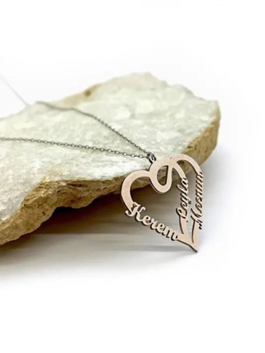 Çift Kalp Kişiye Özel İsimli Bayan Rose Renk Kolye GKLALT3ISMK