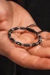 Siyah Hematit Taşlı Gümüş Detaylı Ayarlanabilir Erkek İp Bileklik - Model 4