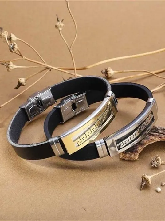 Grek Desenli Deri Kauçuk Çelik Erkek Bileklik