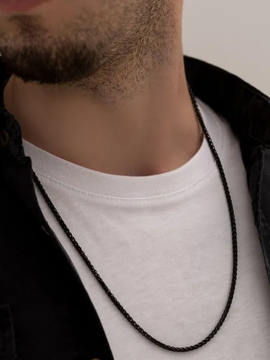 Yuvarlak Kral Model Siyah Çelik Erkek Kolye Zincir 3mm Orta Kalınlıkta