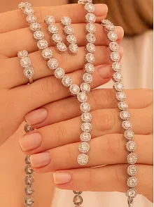 Kadın Gümüş Takı Seti - Şahmeran Yuvarlak Model Zirkon Taşlı Kolye, Bileklik, Yüzük, Küpe Tam Set