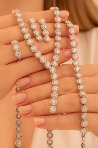 Kadın Gümüş Takı Seti - Şahmeran Yuvarlak Model Zirkon Taşlı Kolye, Bileklik, Yüzük, Küpe Tam Set