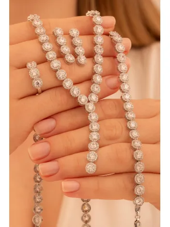 Kadın Gümüş Takı Seti - Şahmeran Yuvarlak Model Zirkon Taşlı Kolye, Bileklik, Yüzük, Küpe Tam Set