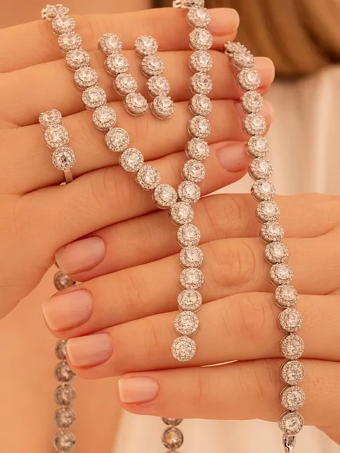 Kadın Gümüş Takı Seti - Şahmeran Yuvarlak Model Zirkon Taşlı Kolye, Bileklik, Yüzük, Küpe Tam Set