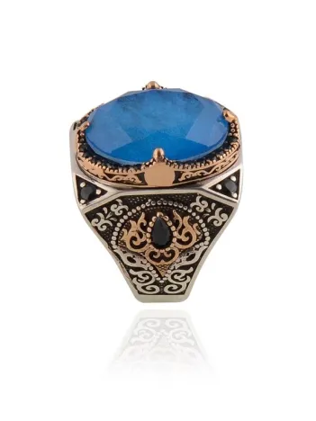 Paraiba Taşlı Yanları Zirkon Taş Süslü 925 Ayar Gümüş Erkek Yüzük GYZAQUAMRIN-MAV