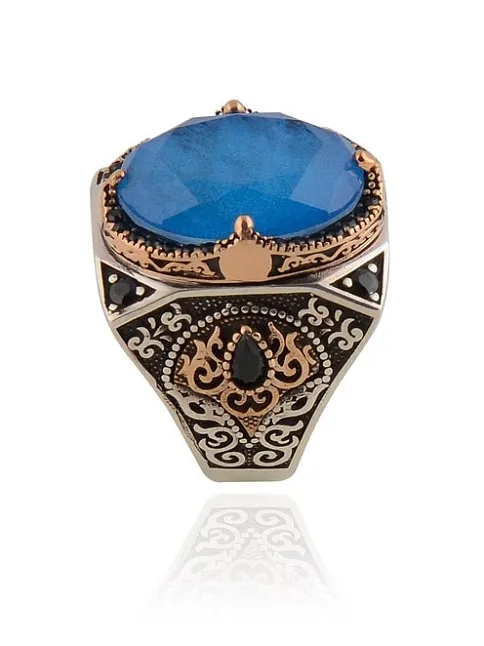 Paraiba Taşlı Yanları Zirkon Taş Süslü 925 Ayar Gümüş Erkek Yüzük GYZAQUAMRIN-MAV