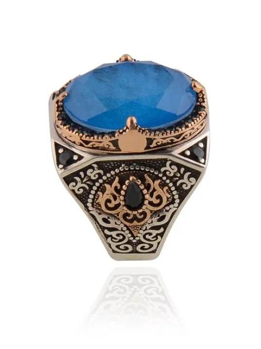 Paraiba Taşlı Yanları Zirkon Taş Süslü 925 Ayar Gümüş Erkek Yüzük GYZAQUAMRIN-MAV