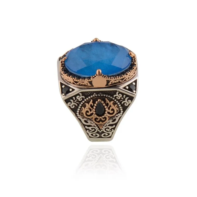 Paraiba Taşlı Yanları Zirkon Taş Süslü 925 Ayar Gümüş Erkek Yüzük GYZAQUAMRIN-MAV Paraiba Taşlı Yanları Zirkon Taş Süslü 925 Ayar Gümüş Erkek Yüzük GYZAQUAMRIN-MAV