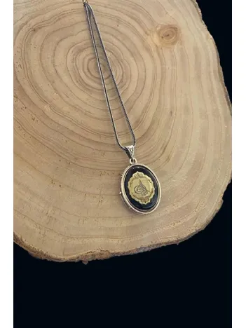 Erkek Çift Taraflı Ayyıldız ve Tuğra Figürlü Gümüş Kehribar Kolye