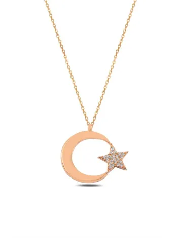Zirkon Taşlı Rose Renk Ay Yıldız Kadın Gümüş Kolye GKLAYYLDZM3-ROS