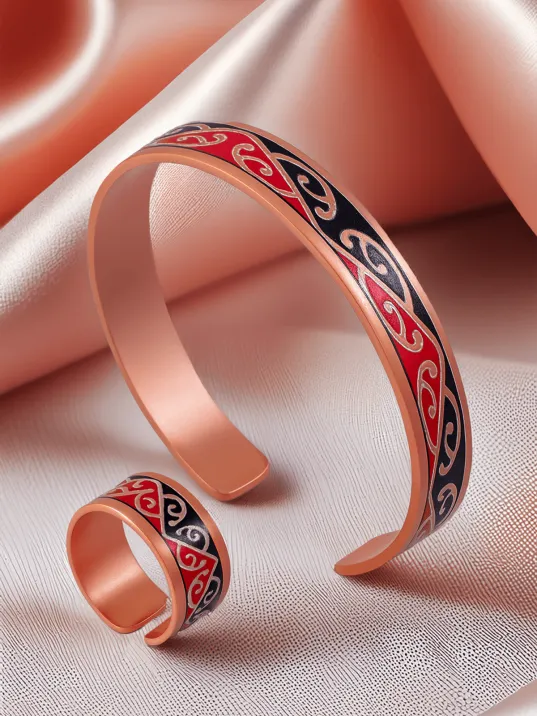 Kadın Bakır Bileklik Yüzük Set - Carlotta Model Özel Baskı Metal Kutu Ve Doğal Taşlar