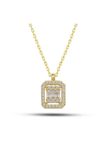 Gümüş Kolye - Kadın Tek Taş Baget Gümüş Rose Altın Kolye