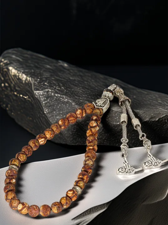 Erkek Doğal Taş Tespih - Doğal Kahverengi Tibet Akiği Taşlı Ortaboy Tesbih