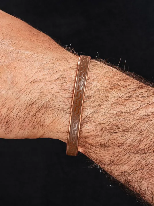Erkek Kadın Bakır Bileklik - Hakiki Deri Omega Desenli Mıknatıslı Metal Kutu Doğal