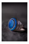 Erkek Kehribar Detaylı Mavi Kaplan Gözü Taşı 925 Ayar Gümüş Yüzük