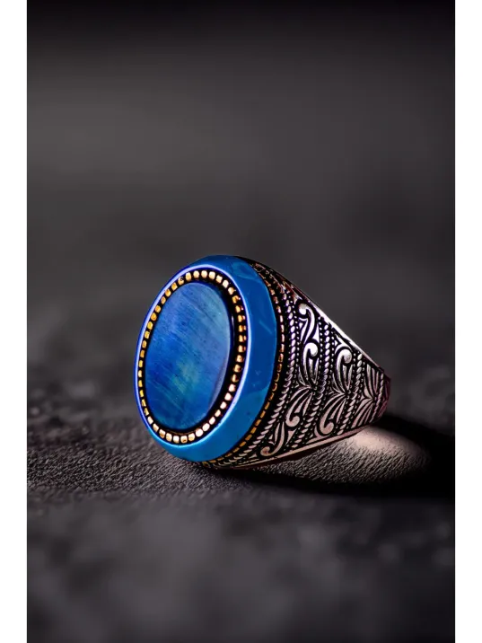 Erkek Kehribar Detaylı Mavi Kaplan Gözü Taşı 925 Ayar Gümüş Yüzük