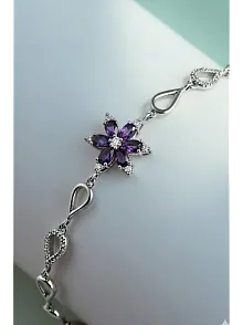 Kadın Gümüş Bileklik - Mor Doğal Safir Taşlı Nergis Model Damla Motifli Gümüş Bileklik