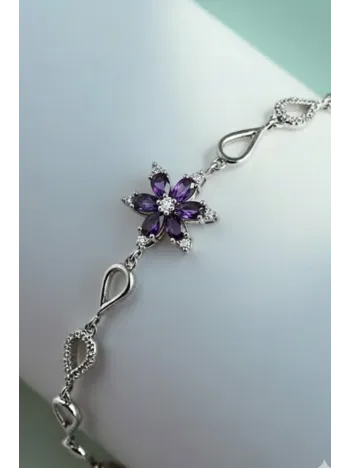 Kadın Gümüş Bileklik - Mor Doğal Safir Taşlı Nergis Model Damla Motifli Gümüş Bileklik
