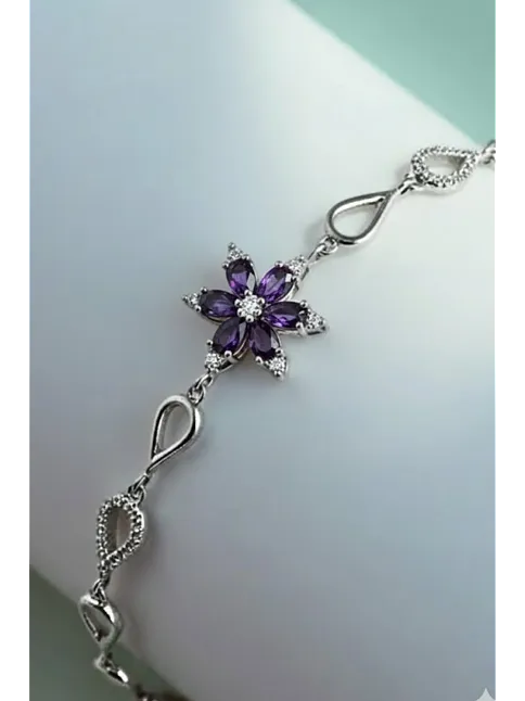 Kadın Gümüş Bileklik - Mor Doğal Safir Taşlı Nergis Model Damla Motifli Gümüş Bileklik