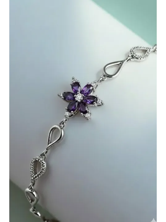 Kadın Gümüş Bileklik - Mor Doğal Safir Taşlı Nergis Model Damla Motifli Gümüş Bileklik Kadın Gümüş Bileklik - Mor Doğal Safir Taşlı Nergis Model Damla Motifli Gümüş Bileklik