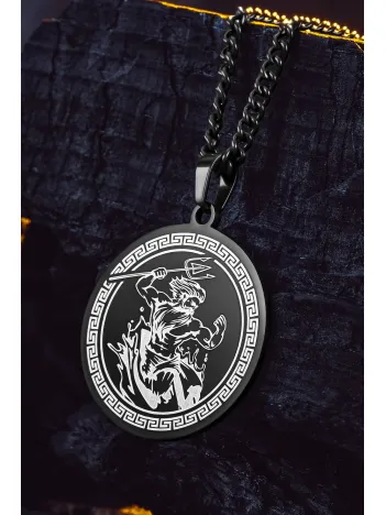 Steel Aether Siyah Çelik Erkek Kolye Yunan Tanrısı İşlemeli Yuvarlak Plaka Paslanmaz Kararmaz