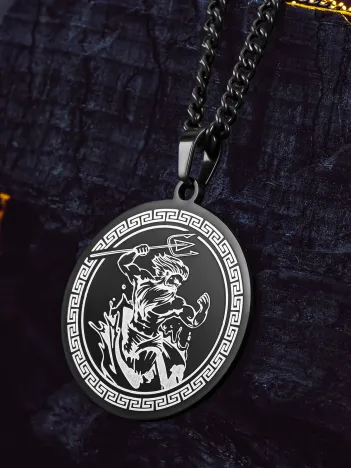 Steel Aether Siyah Çelik Erkek Kolye Yunan Tanrısı İşlemeli Yuvarlak Plaka Paslanmaz Kararmaz