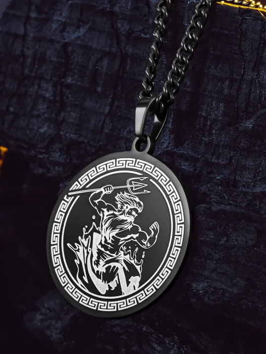 Steel Aether Siyah Çelik Erkek Kolye Yunan Tanrısı İşlemeli Yuvarlak Plaka Paslanmaz Kararmaz