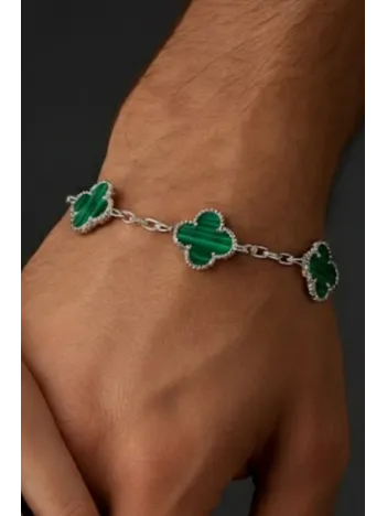 Erkek Kadın 925 Ayar Gümüş Yeşil Malakit Taşlı Yonca Model Zincir Bileklik