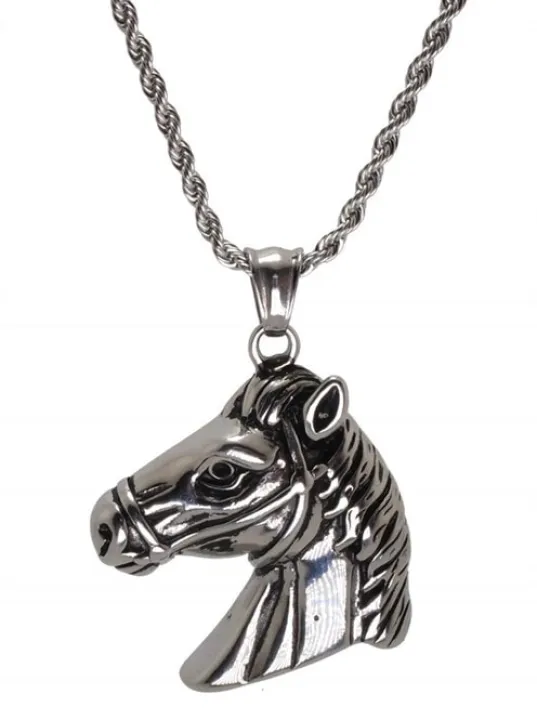 At Kafası Çelik Erkek Kolye Zincir Gümüş Renk