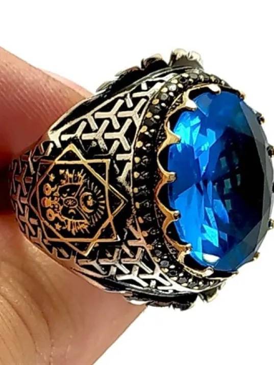 Osmanlı Armalı Aqua Marine Taşlı Gümüş Erkek Yüzük Osmanlı Armalı Aqua Marine Taşlı Gümüş Erkek Yüzük