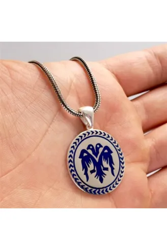 Çift Başlı Selçuklu Kartalı Mavi Renk Erkek Gümüş Kolye Zincir