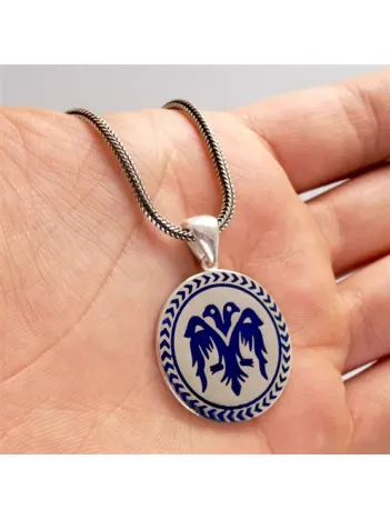 Çift Başlı Selçuklu Kartalı Mavi Renk Erkek Gümüş Kolye Zincir