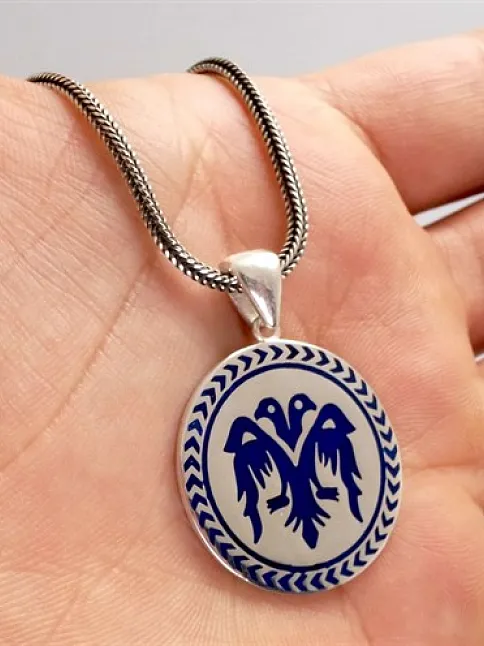 Çift Başlı Selçuklu Kartalı Mavi Renk Erkek Gümüş Kolye Zincir