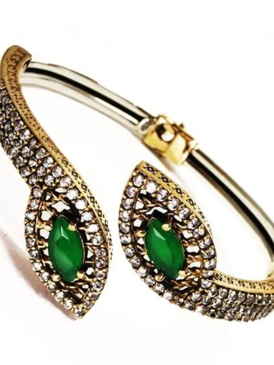 Zümrüt Taşlı Bayan Gümüş Bilezik Bileklik