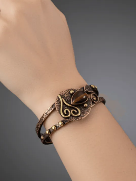 Kadın Bakır Bileklik -  Kalp Detaylı Kaplan Gözlü Kadın Bilezik Doğal Taşlar ve Metal Kutulu