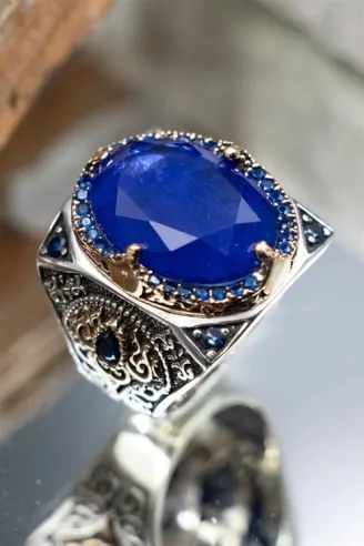 Lacivert Paraiba ve Zirkon Taşlı Erkek Gümüş Yüzük GYZYZKEND09-LCV