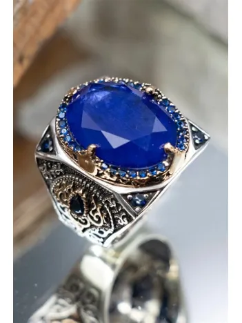 Lacivert Paraiba ve Zirkon Taşlı Erkek Gümüş Yüzük GYZYZKEND09-LCV