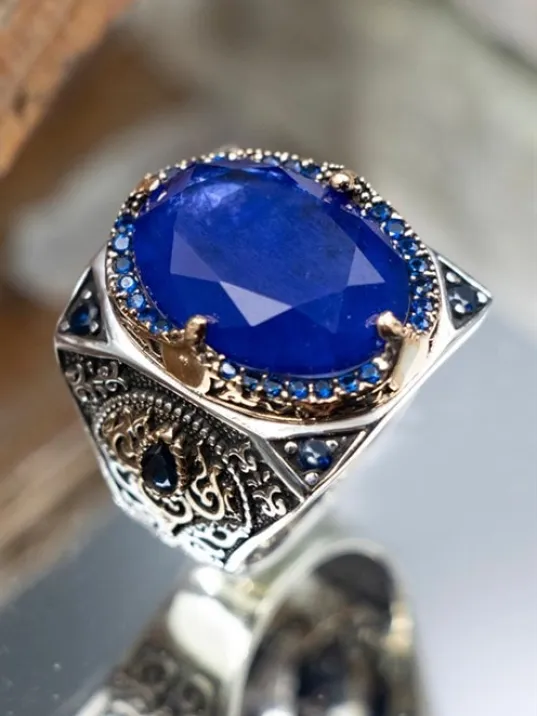 Lacivert Paraiba ve Zirkon Taşlı Erkek Gümüş Yüzük GYZYZKEND09-LCV